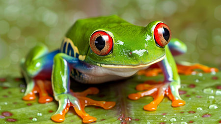 Red eyed amazon tree frog on palm leaf in lush rainforest, vibrant wildlife in its natural habitat.の素材