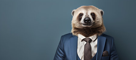 Panda in formal business suit pretending to work in corporate office, anthropomorphic concept.の素材