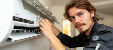 Residential split air conditioning system maintenance with filter replacement and text space.の素材