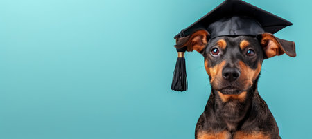 Amusing dog wearing graduation cap and gown on pastel background with space for text placementの素材