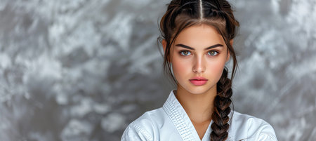 Joyful european girl in judo or karate training, looking away with space for text placementの素材