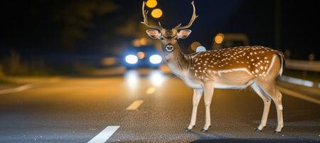Night road hazards  majestic deer near forest, wildlife dangers for transport, with text space.の素材