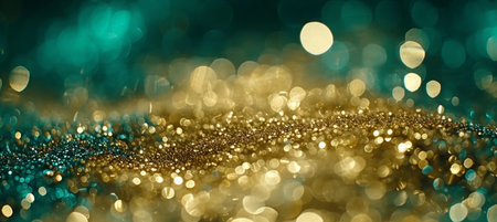 Elegant defocused emerald green background with shimmering gold bokeh lights for banner designの素材