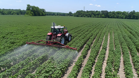 Agricultural tractor spraying pesticides on a lush soybean field in the countrysideの素材