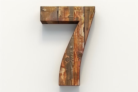 Dark oiled wood number 7 shape isolated on white background for design and decorの素材