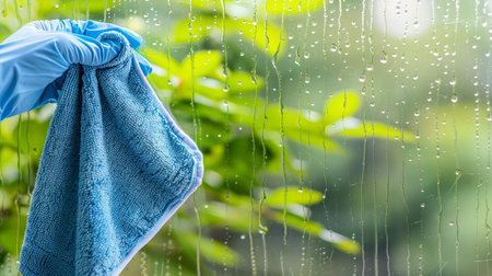 Cleaner wiping drops off window with glove and cloth, copy space for text, cleaning service conceptの素材