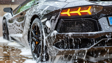 Black sports car receiving meticulous shampoo treatment in professional car wash service concept.の素材