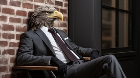 Anthropomorphic eagle in business suit, corporate setting, studio shot with copy space.の素材