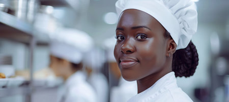 African american female chef cooking in a commercial kitchen with space for text.の素材