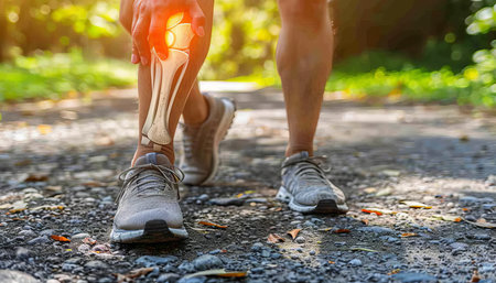 Man holding knee in pain after exercise in the park, muscle injury with space for text placementの素材