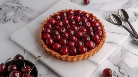 Cherry mini tart on white cutting board with vintage teaspoons, elegant overhead viewの素材
