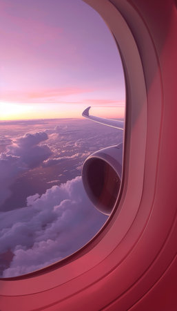 Panoramic view of a modern passenger airplane flying gracefully at sunset in a clear skyの素材