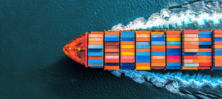 Vibrant container cargo ship in vivid blue sea with copy space for text placement, aerial viewの素材