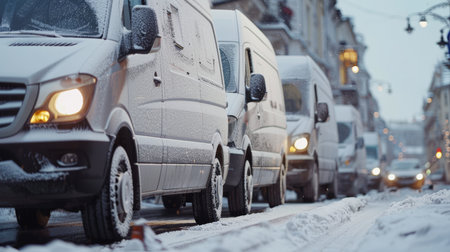 White delivery vans in row on winter day, copy space for transporting service company conceptの素材