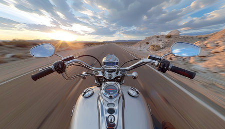 Motorcycle speeding on highway at sunset, rider s perspective riding into the sunset on roadの素材