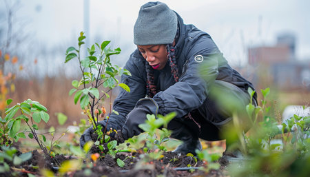 Diverse team of volunteers planting young trees in urban park for conservation effortsの素材