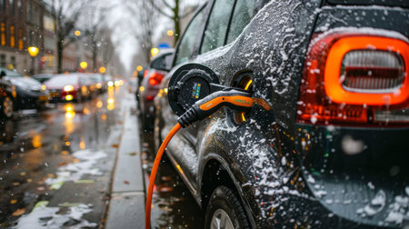 Sustainable transportation  electric vehicle charging station with vans in backgroundの素材
