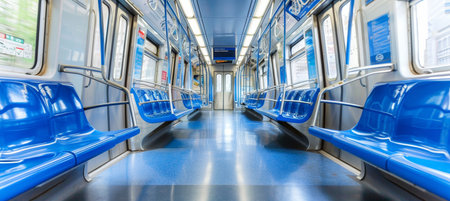 Empty interior of a subway car   urban public transportation with spacious seating and modern designの素材