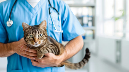 Professional male veterinarian holding a cat in clinical interior setting with copy space for textの素材