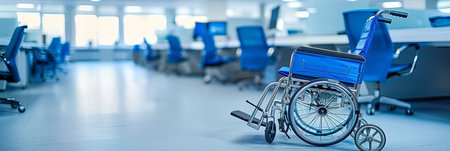 Wheelchair in office setting with blurred background, perfect for text placement.の素材