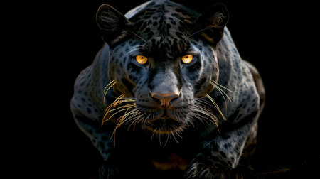 Intense close up of a majestic black panther s striking eyes glaring in the darknessの素材