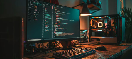 Modern software developers coding for a new application in a innovative workspace setting.の素材