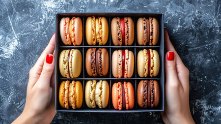 Vibrant macarons box held in hand   colorful and delicious french treats in display.の素材
