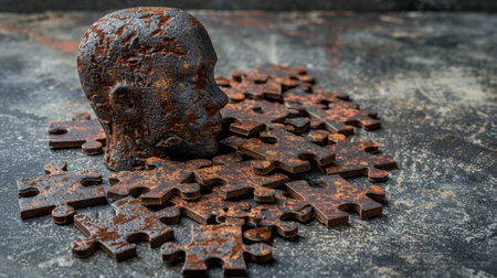 Human head profile and jigsaw puzzle, concept for cognitive psychology or psychotherapy treatmentの素材