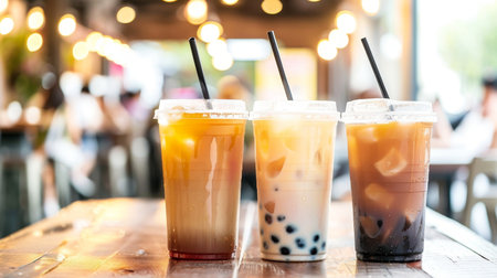 Assorted tapioca bubble teas on blurred coffee shop background with space for textの素材