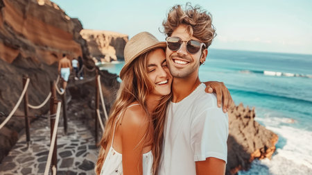 Active young couple smiling while hiking on mountain trail with copy space for text.の素材
