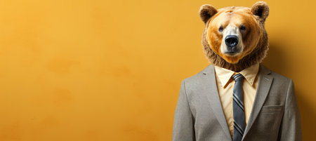 Anthropomorphic bear in business suit at corporate office, studio shot on plain wall with text area.の素材
