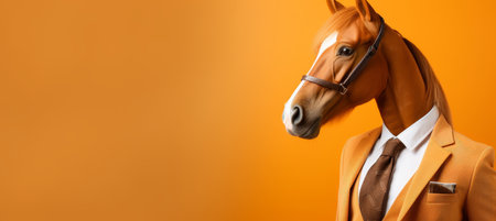 Anthropomorphic horse in business suit working in corporate office, studio shot with copy spaceの素材