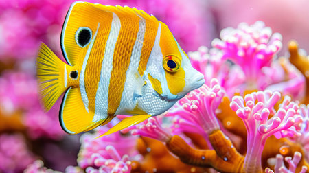 Colorful fish swim among vibrant corals in captivating saltwater aquarium display.の素材
