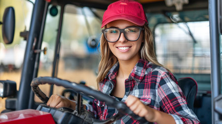 Happy female truck driver steering large truck against blurred cityscape, space for textの素材