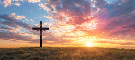 Holy cross symbolizing jesus christ s resurrection above golgotha hill under radiant sky and clouds.の素材
