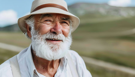 Senior man smiling hiking mountain  joyful active elderly hiker on outdoor adventureの素材