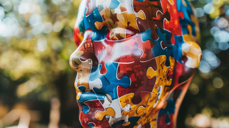 Adhd concept  head silhouette with interlocked puzzle pieces, mental health challengesの素材