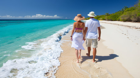 Young couple walking hand in hand on a tropical paradise island s white sandy beachの素材