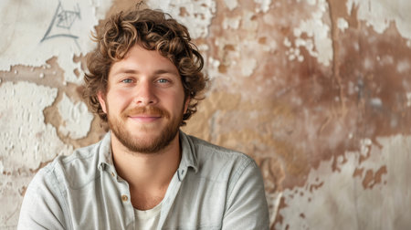 Smiling young man in casual attire isolated on light monochromatic background with copy spaceの素材