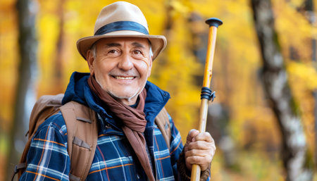 Senior man joyfully hiking in mountains, displaying energetic smile amidst scenic nature viewの素材