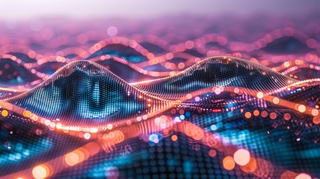 Futuristic background with glowing neon wave lines, bokeh lights, data transfer concept wallpaper.の素材