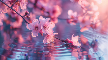 Tranquil spring background  ponds reflect blooms with soft ripples, creating movement and life.の素材
