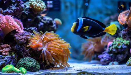 Anemonefish among vibrant corals in a saltwater aquarium, creating a colorful underwater display.の素材