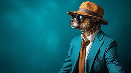 Bear in business suit at corporate workplace, studio shot on plain wall with copy space for text.の素材