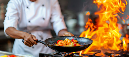 African american female chef cooking in professional kitchen with copy space for textの素材