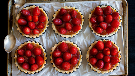 Overhead view of strawberry mini tart on white cutting board with vintage teaspoonsの素材