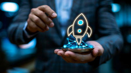 Businessman launching rocket for fast business success and growth, startup conceptの素材