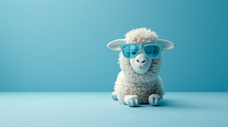 Amusing sheep with sunglasses on pastel background, copy space available for text placementの素材