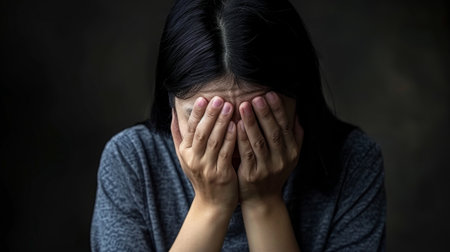 Desperate young woman hiding face in hands, providing copy space for text placement.の素材