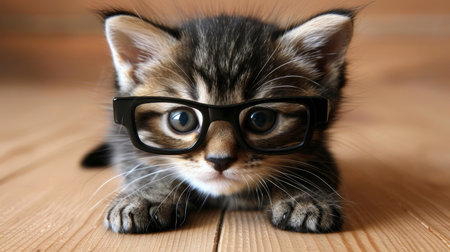 Charming kitten with stylish glasses sitting in front of a professional studio backgroundの素材